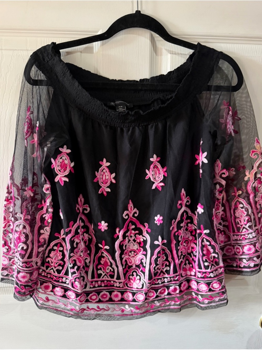 INC International Concepts Black Sheer Blouse with Pink Embroidery